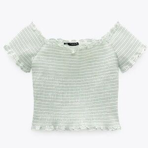 NWT Zara green and white fitted smocked crop top size large